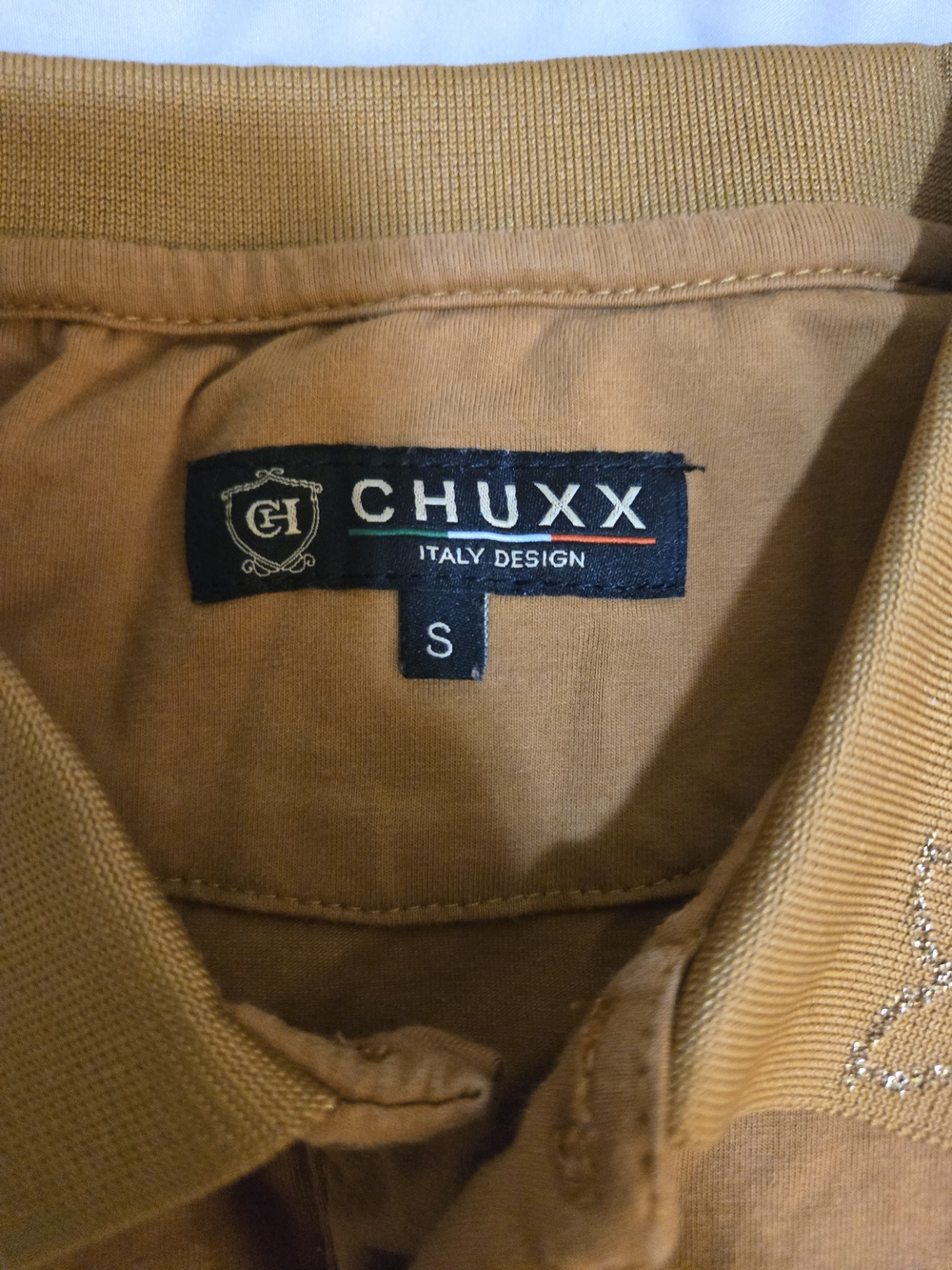 Men's Tan Polo with Gold Metallic Graphic - Picture 4 of 5